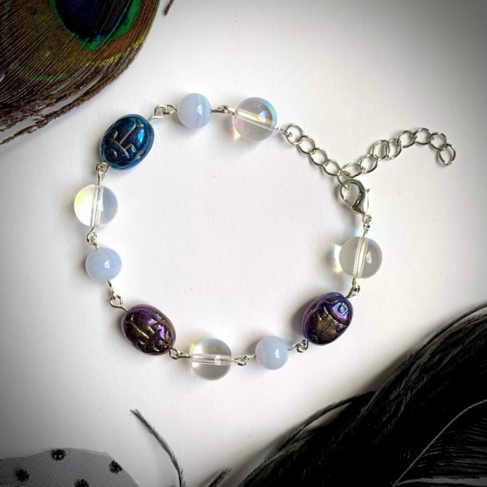 Scarab Rainbow Quartz & Blue Lace Agate bracelet